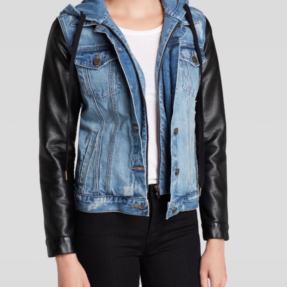 Blank Denim Jacket with hood and leather sleeves
